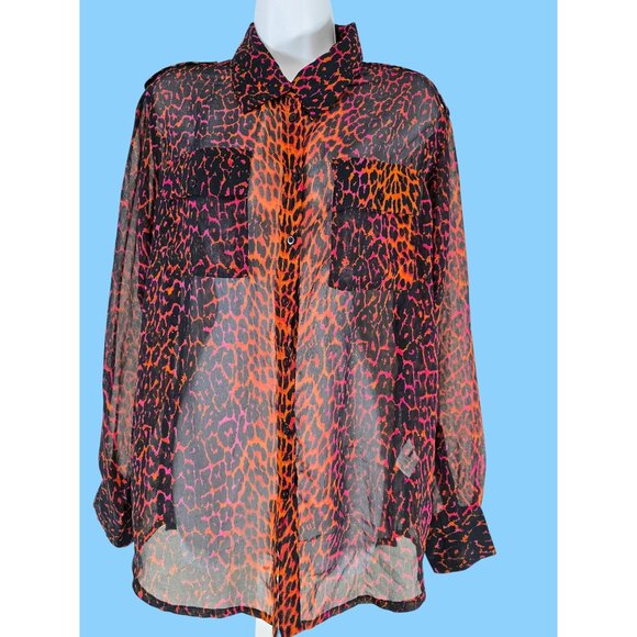 I Jeans by Buffalo Size M Sheer Tunic Button Blouse Leopard Orange Pink Black - Picture 1 of 6